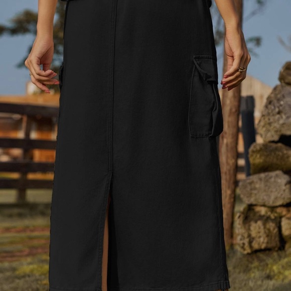 Drawstring Denim Cargo Skirt Casual Midi Skirt - Picture 2 of 8